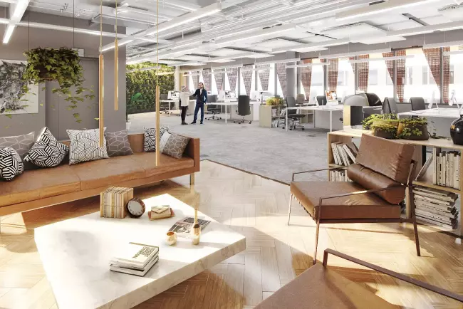 Avokonttori, jossa sohva ja tuoli